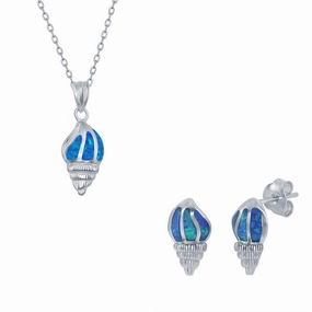 Women's Necklace and Earrings Set - Sterling Blue Opal Sea Shell | SET-572 suit-set  