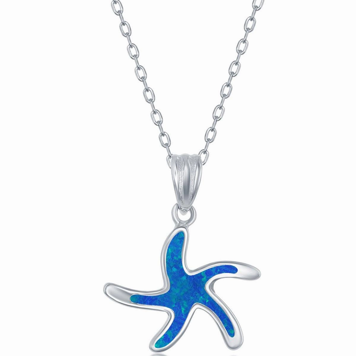 Women's Necklace and Earrings Set - Sterling Blue Opal Starfish | SET-569