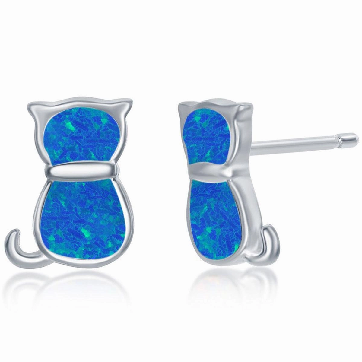 Women's Necklace and Earrings Set - Sterling Silver Blue Opal Cat | SET-577