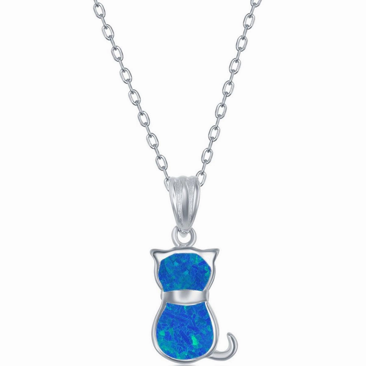 Women's Necklace and Earrings Set - Sterling Silver Blue Opal Cat | SET-577