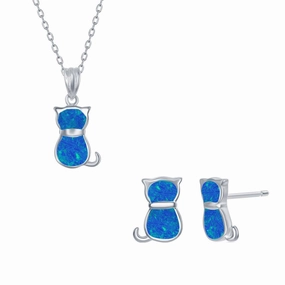 Women's Necklace and Earrings Set - Sterling Silver Blue Opal Cat | SET-577 suit-set  