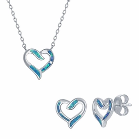 Women's Necklace and Earrings Set - Sterling Silver Blue Opal Heart | SET-575 suit-set  
