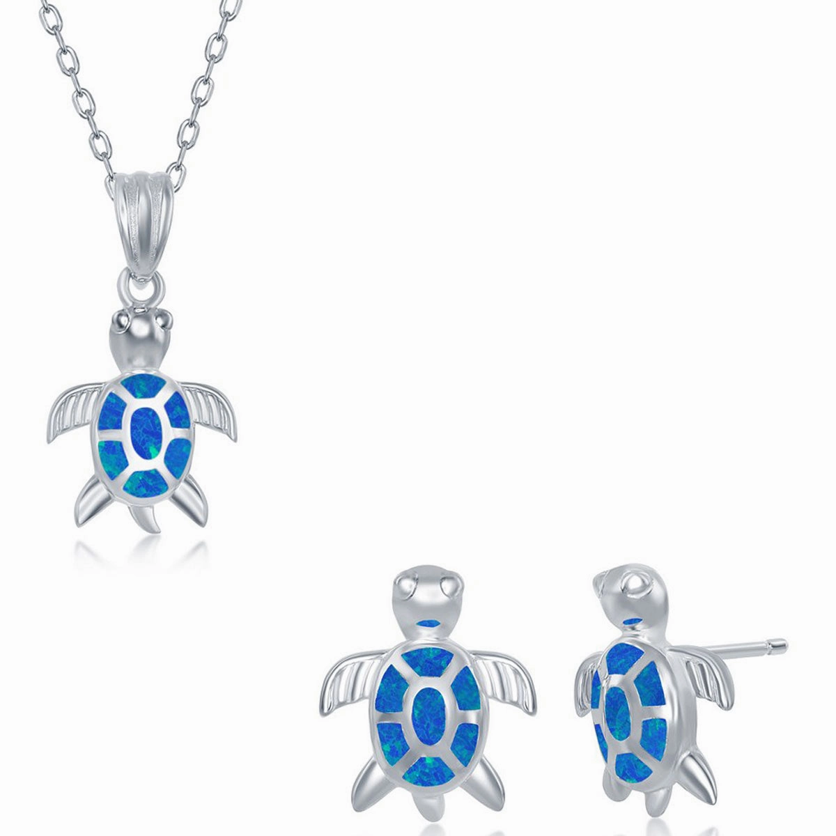 Women's Necklace and Earrings Set - Sterling Silver Blue Opal Turtle | SET-579 suit-set  