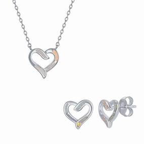 Women's Necklace and Earrings Set - Sterling Silver White Opal Heart | SET-576 suit-set  