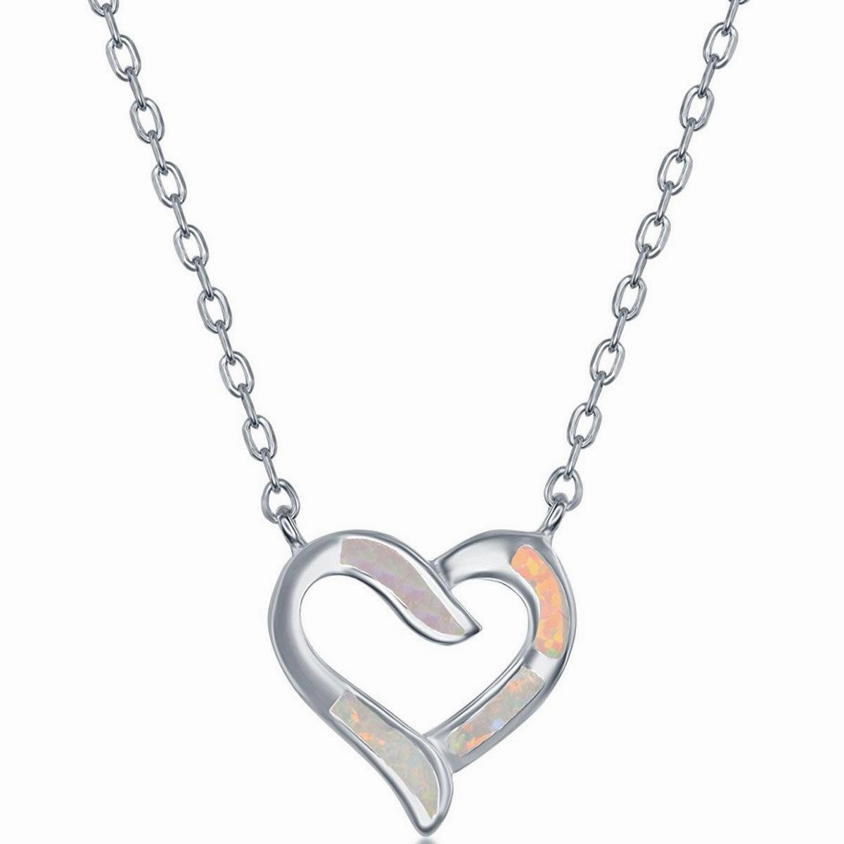 Women's Necklace and Earrings Set - Sterling Silver White Opal Heart | SET-576