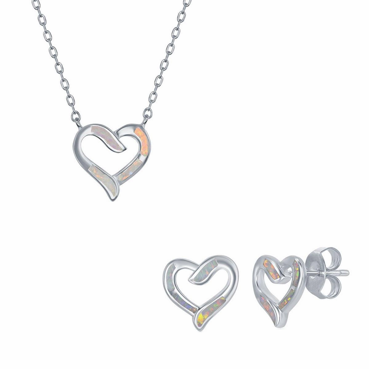 Women's Necklace and Earrings Set - Sterling Silver White Opal Heart | SET-576 suit-set  
