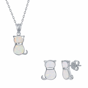 Women's Necklace and Earrings Set - Sterling White Inlay Opal Cat | SET-578 suit-set  