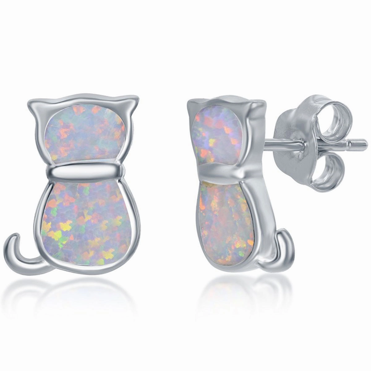 Women's Necklace and Earrings Set - Sterling White Inlay Opal Cat | SET-578