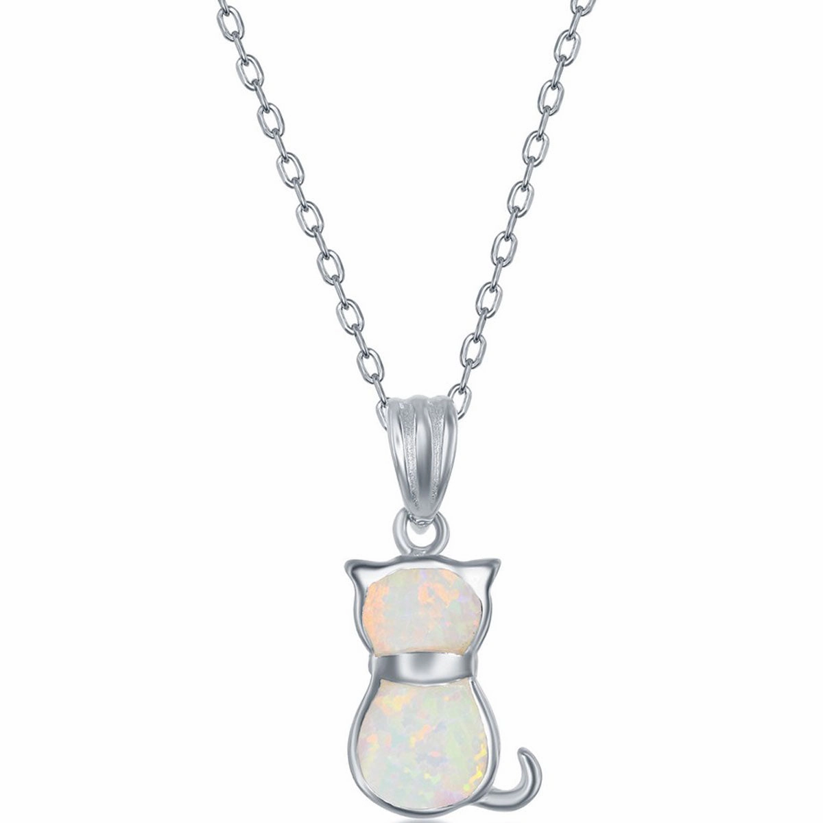 Women's Necklace and Earrings Set - Sterling White Inlay Opal Cat | SET-578
