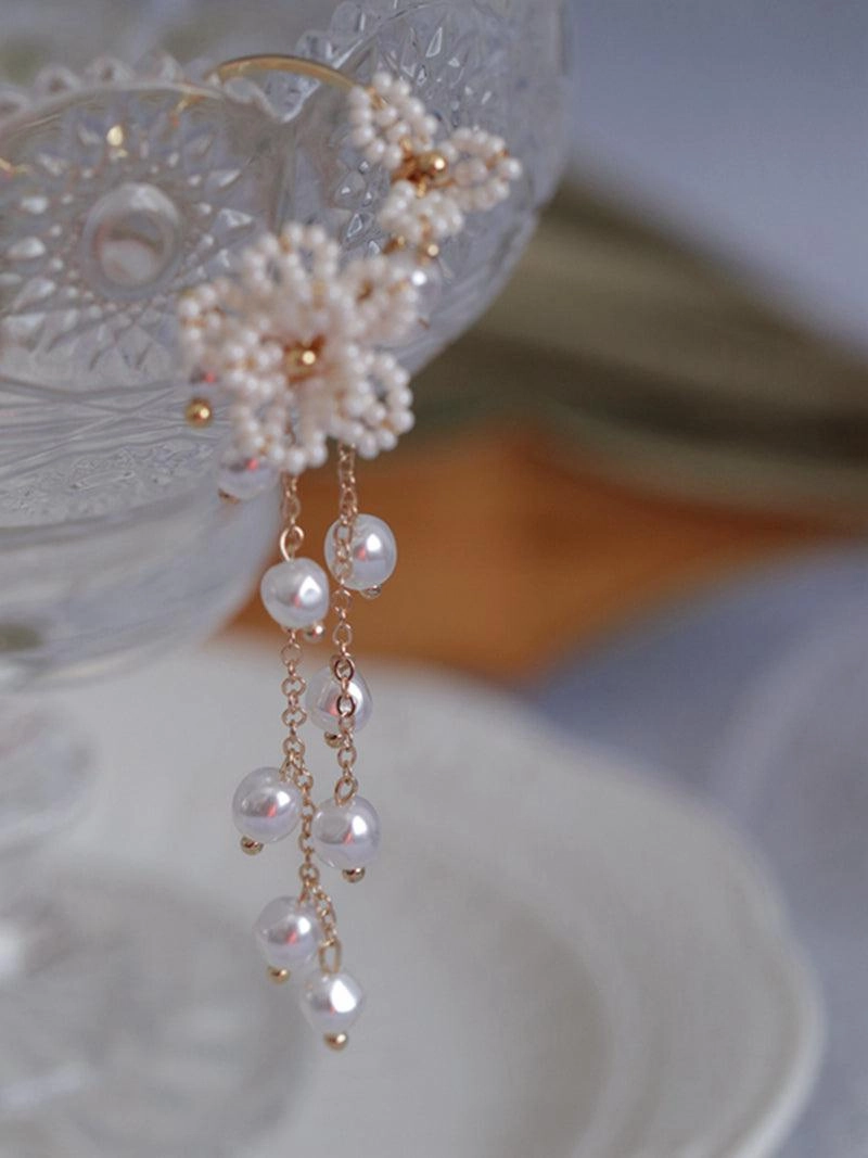 Women's Rice Pearl Flower Tassel Earrings