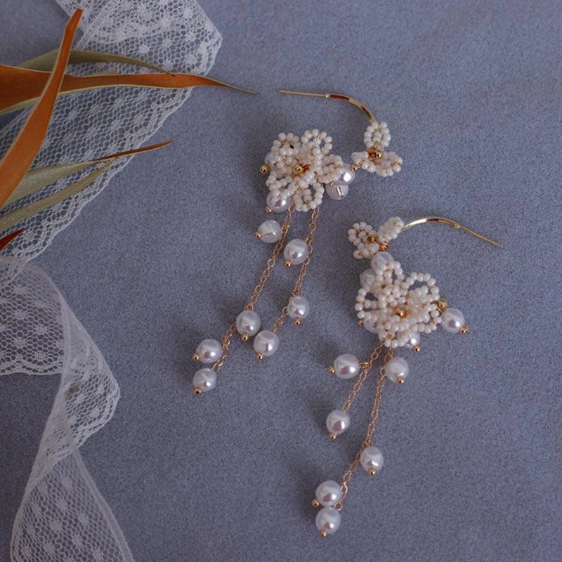 Women's Rice Pearl Flower Tassel Earrings