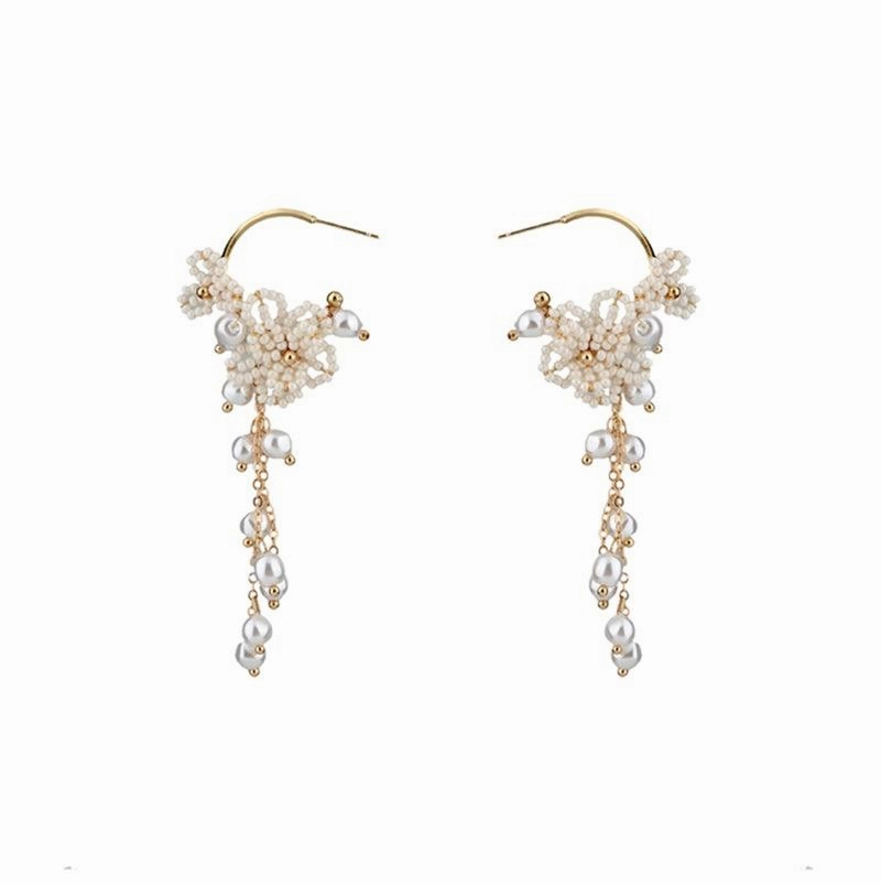 Women's Rice Pearl Flower Tassel Earrings