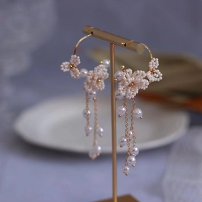 Women's Rice Pearl Flower Tassel Earrings 