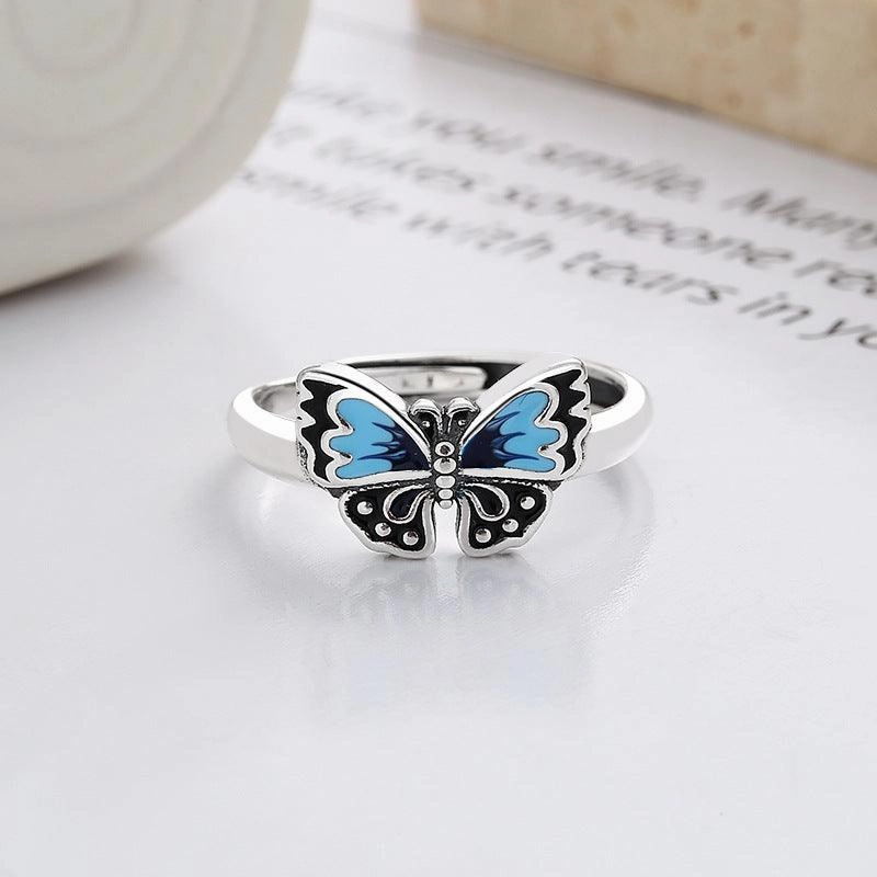 Women's S925 Sterling Silver Color Matching Epoxy Butterfly Ring