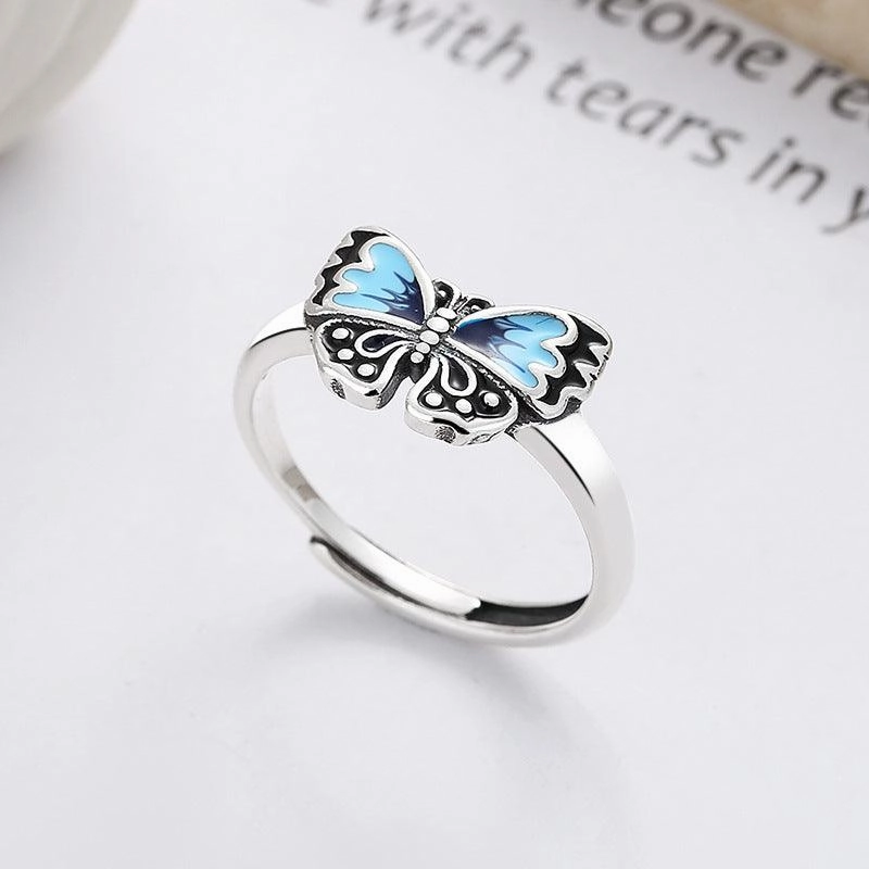 Women's S925 Sterling Silver Color Matching Epoxy Butterfly Ring