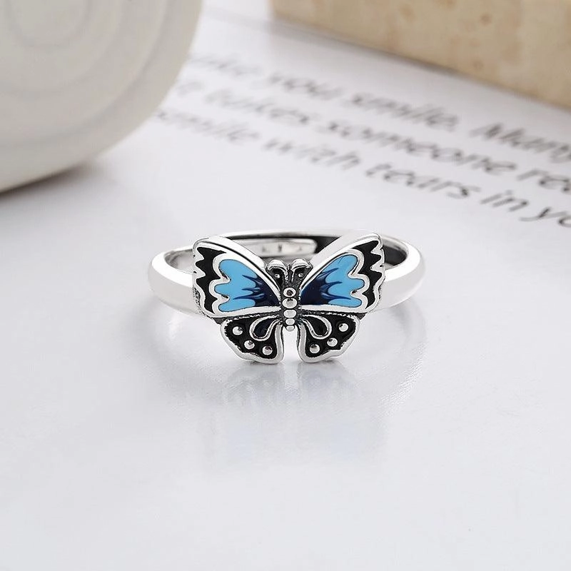Women's S925 Sterling Silver Color Matching Epoxy Butterfly Ring