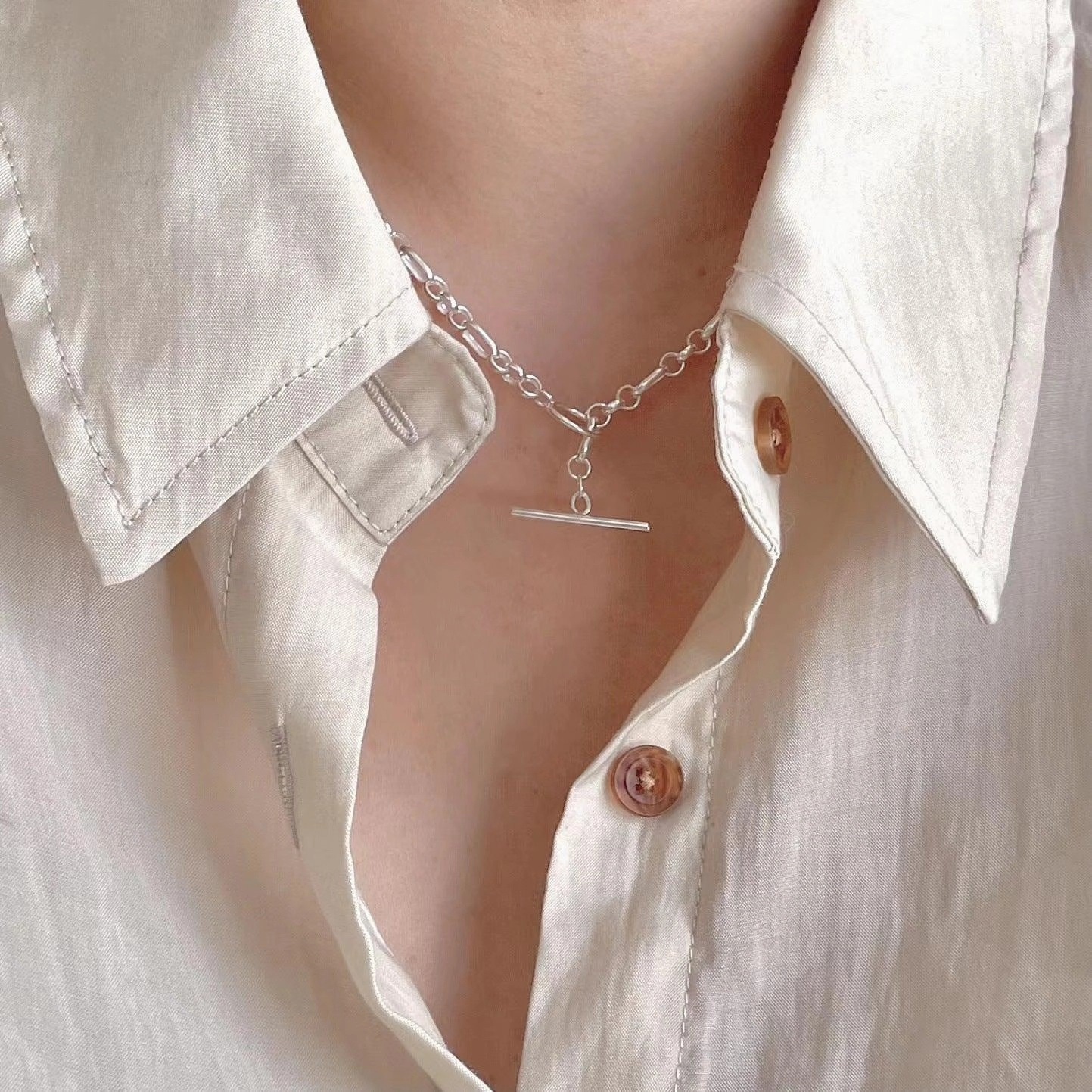 Women's Simple Sterling Silver Pearl Chain Necklace 