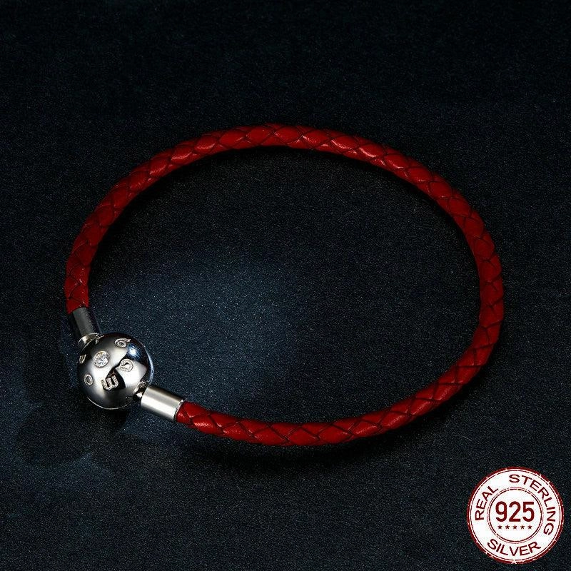 Women's Sterling Silver Red Rope PU Leather Bracelet