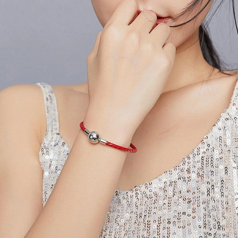 Women's Sterling Silver Red Rope PU Leather Bracelet 
