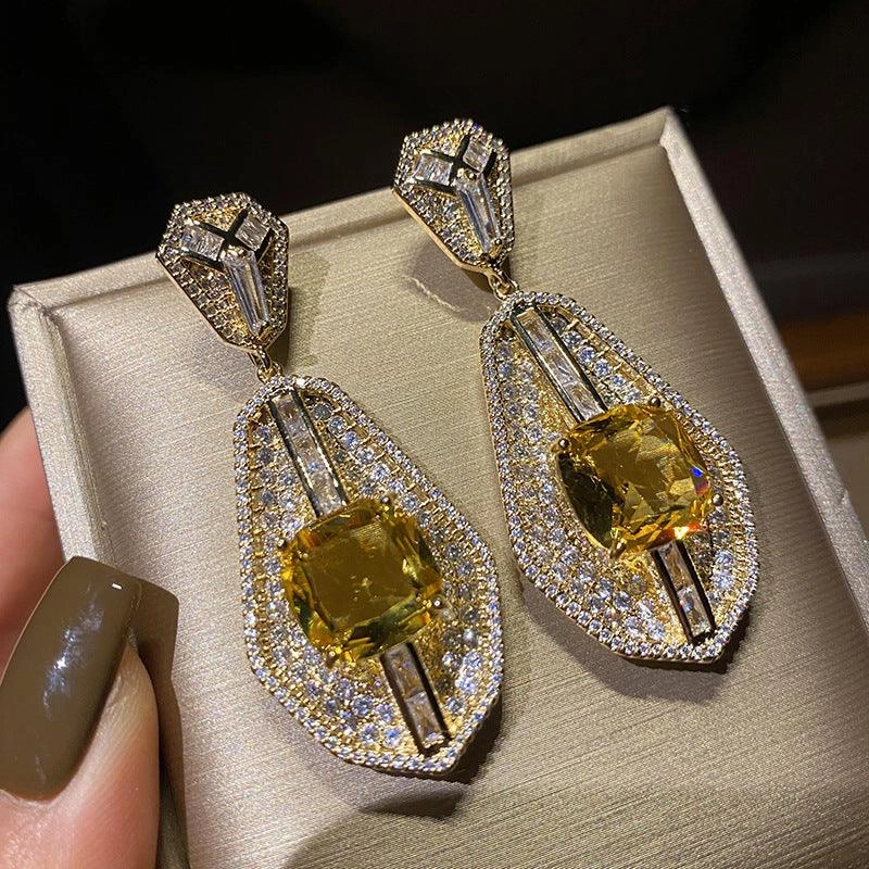 Yellow Diamond Earrings Silver Needle Evening Dress Bagels