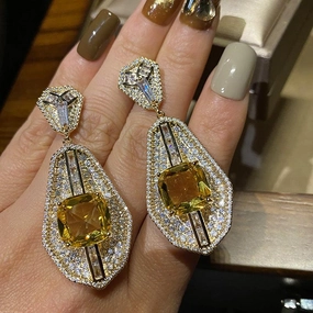 Yellow Diamond Earrings Silver Needle Evening Dress Bagels 