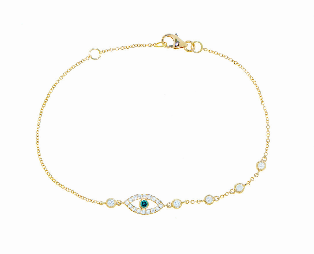 Yellow gold bracelet with a diamond eye and 5 diamonds hand-chain-bracelet  