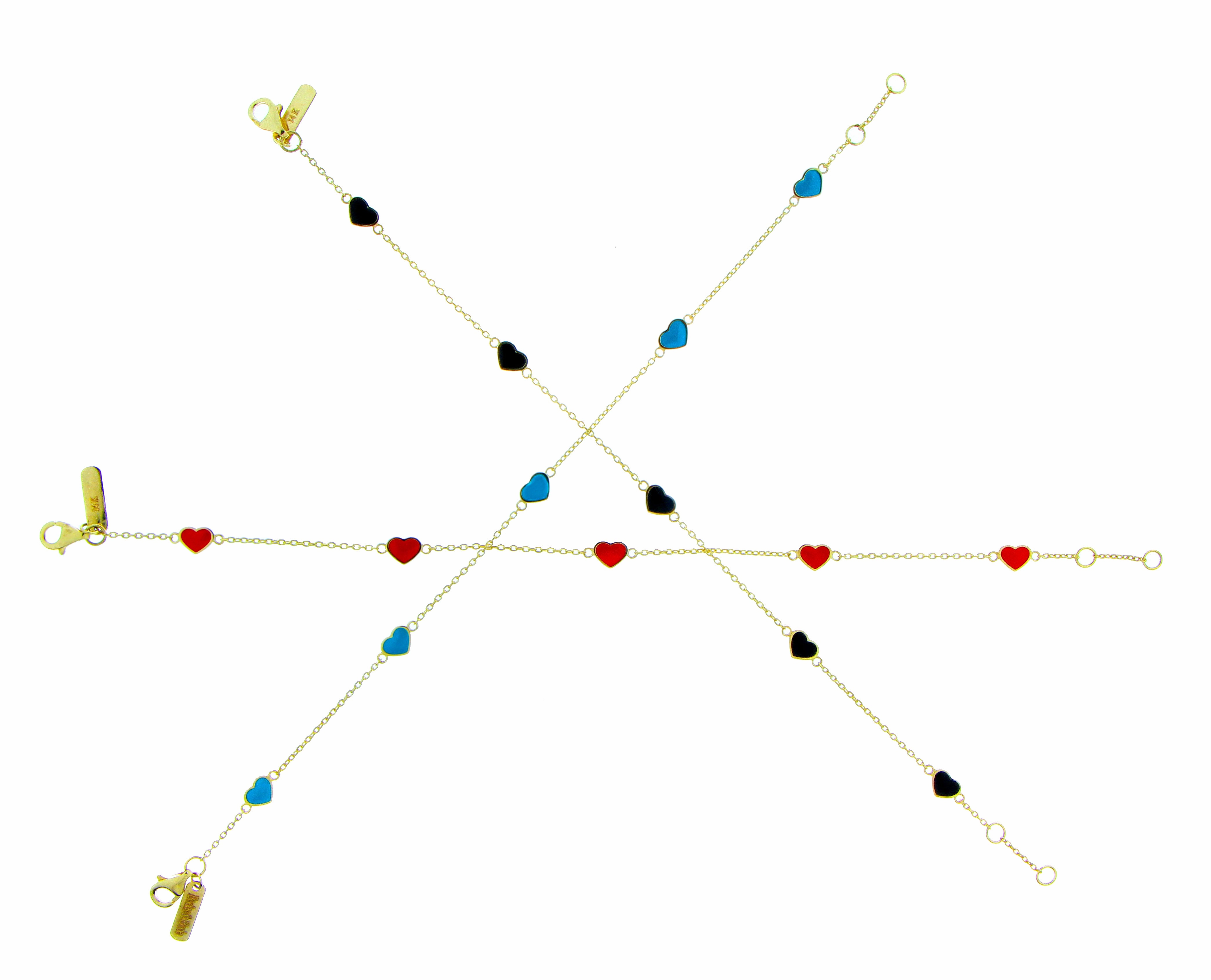 Yellow gold bracelets with 5 enamel hearts