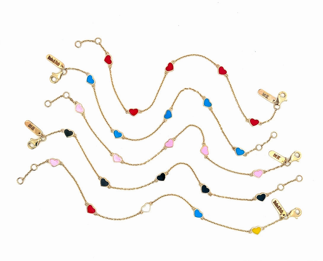 Yellow gold bracelets with 5 enamel hearts hand-chain-bracelet  