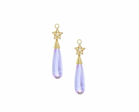 Yellow gold earring pendants with diamond stars and kunzite hand-chain-bracelet  