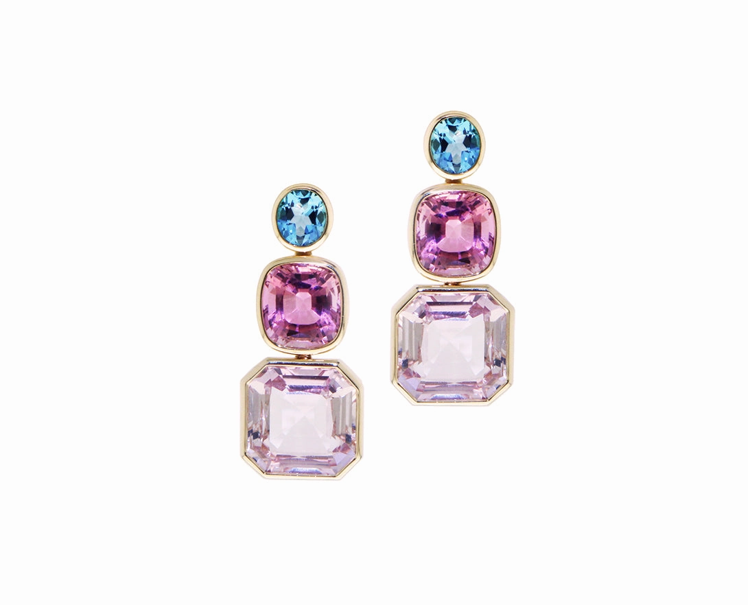 Yellow gold earrings with blue topaz, kunzite and pink tourmaline hand-chain-bracelet  