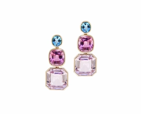 Yellow gold earrings with blue topaz, kunzite and pink tourmaline hand-chain-bracelet  
