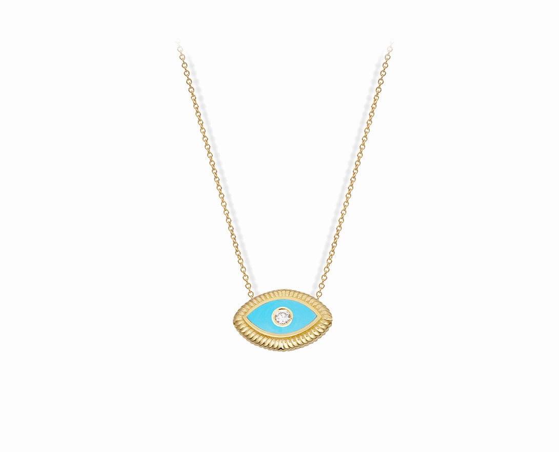 Yellow gold necklace with an turquois and diamond eye