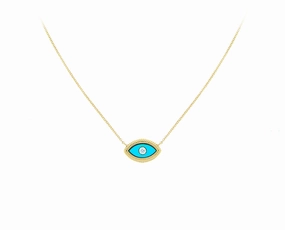 Yellow gold necklace with an turquois and diamond eye hand-chain-bracelet  