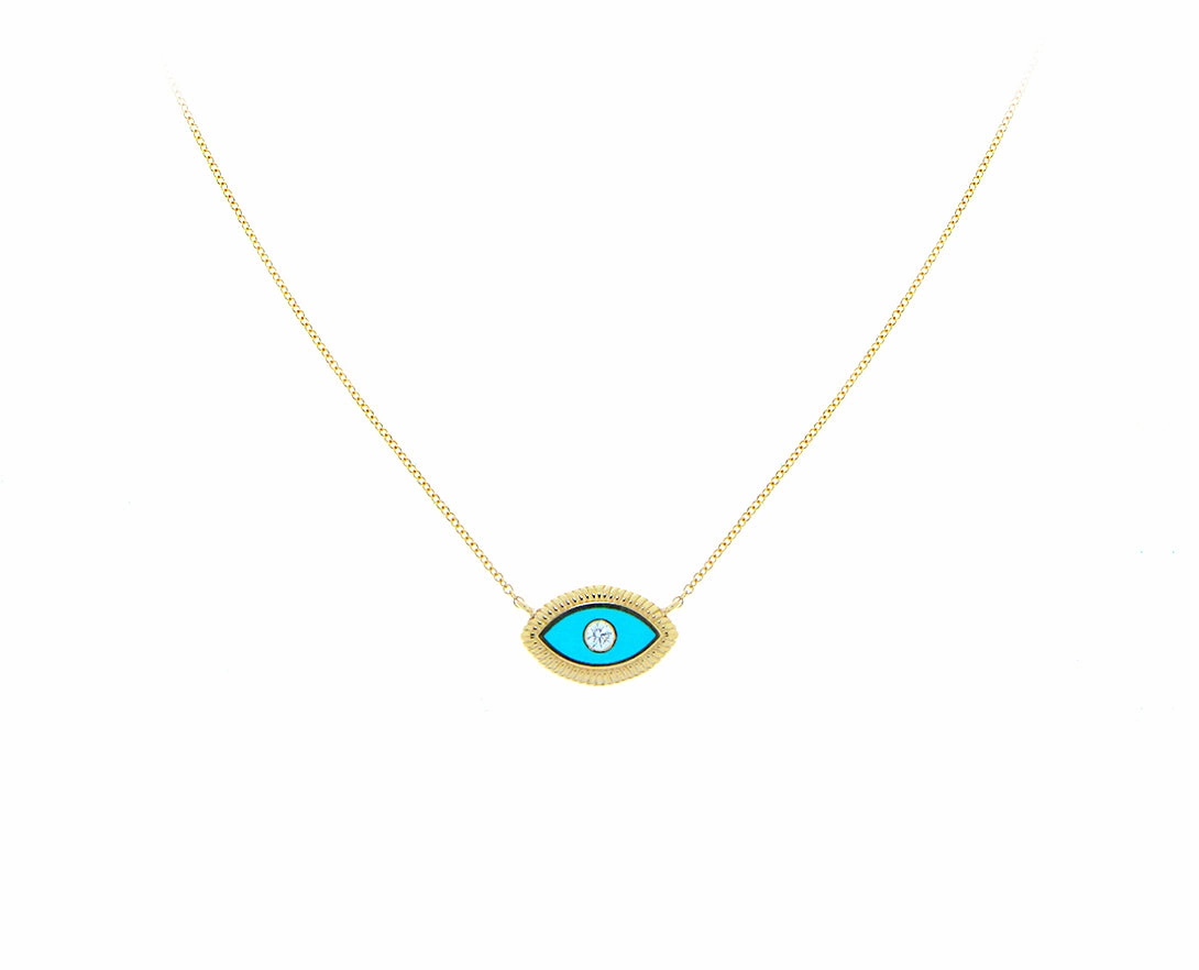 Yellow gold necklace with an turquois and diamond eye hand-chain-bracelet  