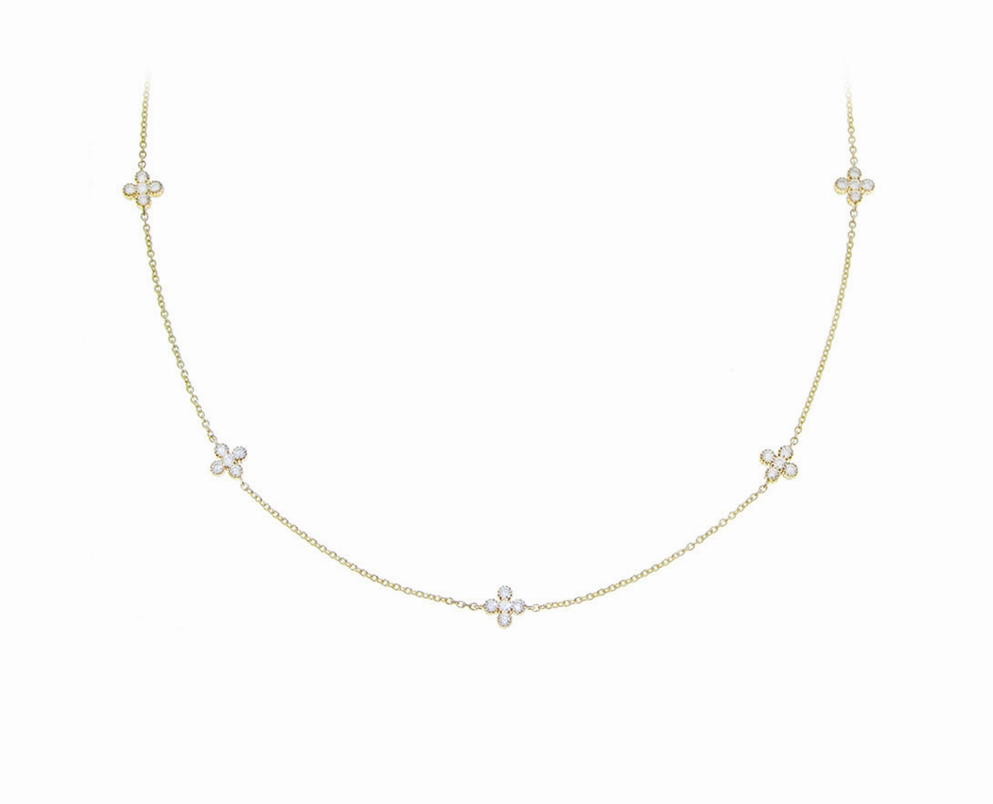 Yellow gold necklace with diamond flower charms hand-chain-bracelet  
