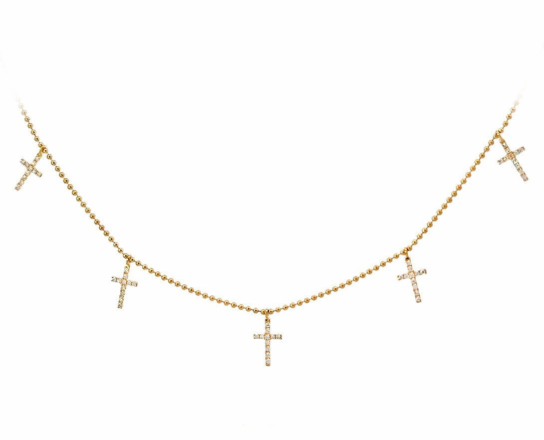 Yellow gold necklace with five small diamond cross charms hand-chain-bracelet  