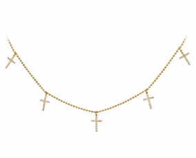Yellow gold necklace with five small diamond cross charms hand-chain-bracelet  