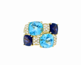 Yellow gold ring with diamonds, iolite and blue topaz hand-chain-bracelet  