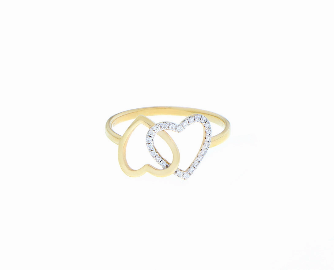Yellow gold ring with two hearts one with diamonds hand-chain-bracelet  