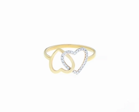 Yellow gold ring with two hearts one with diamonds hand-chain-bracelet  