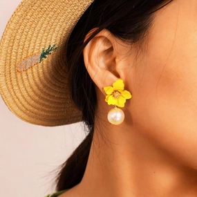 Yellow/White Flower Drop Earrings 
